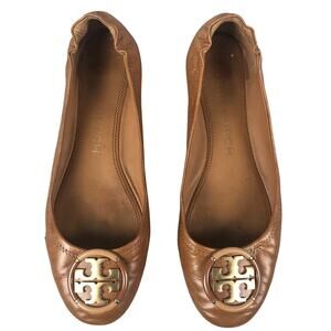 Tory Burch Minnie Travel Ballet With Metal Logo Size 8M Color Pecan Praline